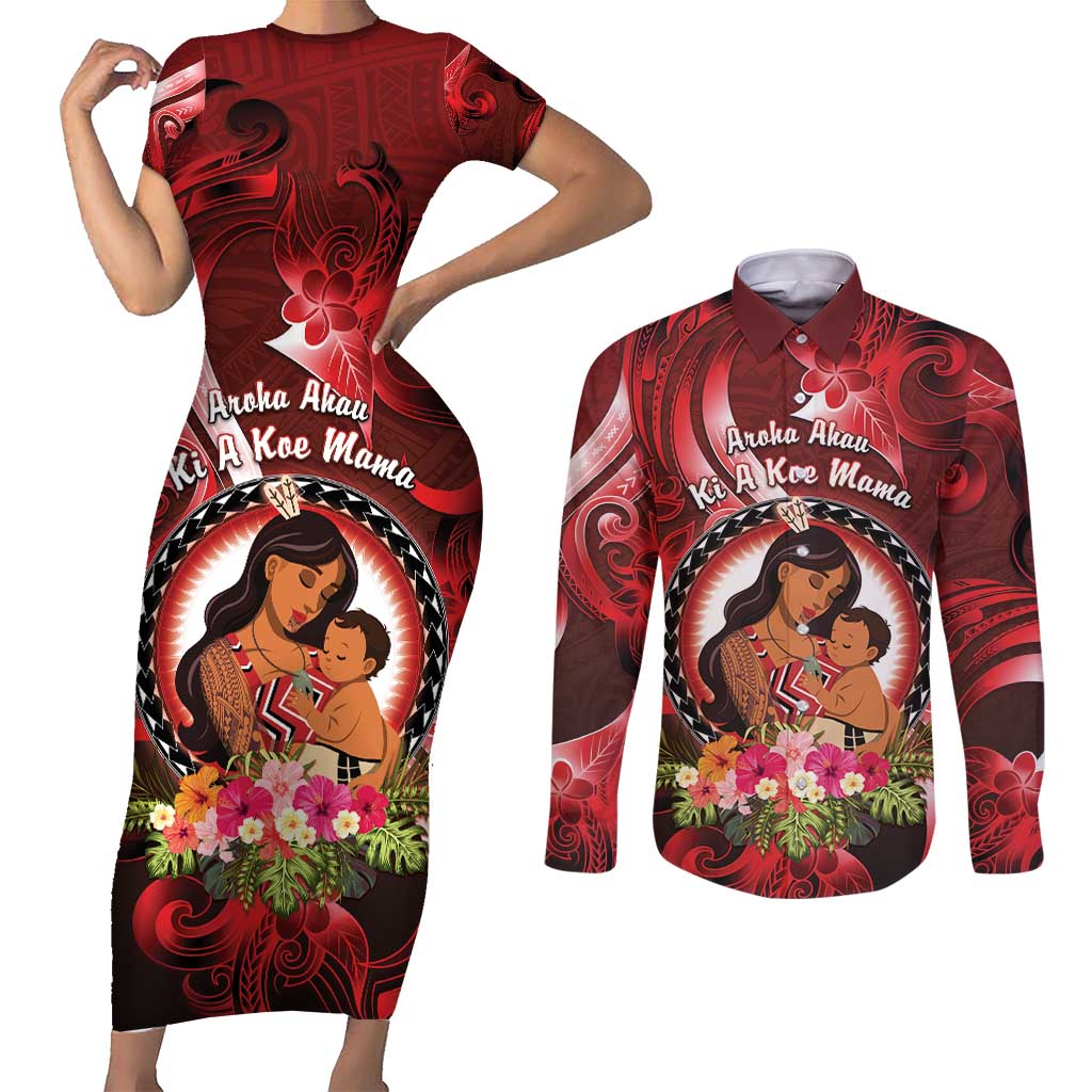 Personalised New Zealand Mother's Day Couples Matching Short Sleeve Bodycon Dress and Long Sleeve Button Shirt I Love You Mom DT04 Red - Polynesian Pride