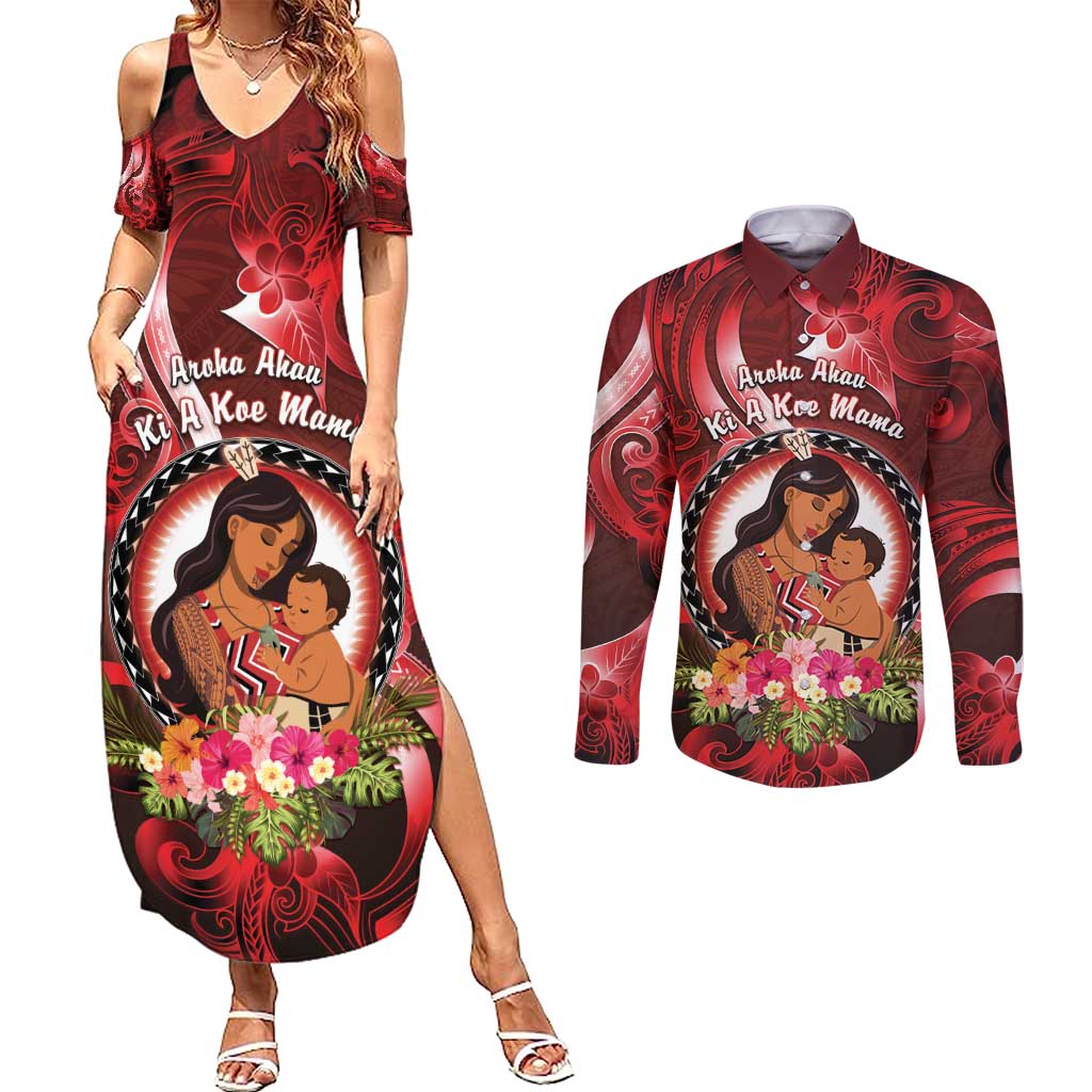 Personalised New Zealand Mother's Day Couples Matching Summer Maxi Dress and Long Sleeve Button Shirt I Love You Mom DT04 Red - Polynesian Pride