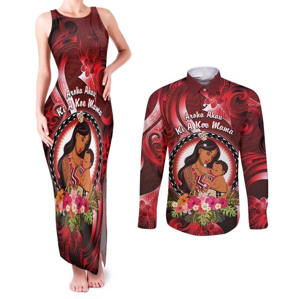 Personalised New Zealand Mother's Day Couples Matching Tank Maxi Dress and Long Sleeve Button Shirt I Love You Mom DT04 Red - Polynesian Pride
