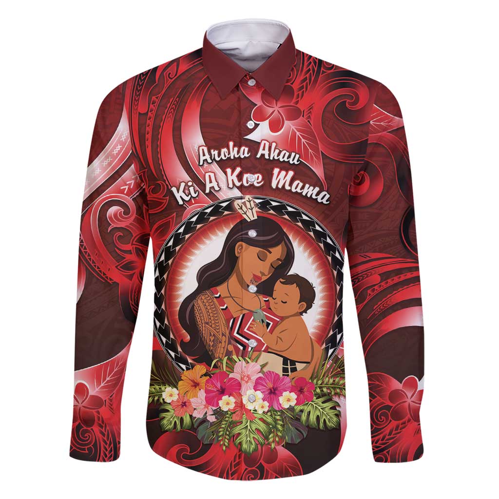 Personalised New Zealand Mother's Day Family Matching Off Shoulder Maxi Dress and Hawaiian Shirt I Love You Mom DT04 Dad's Shirt - Long Sleeve Red - Polynesian Pride