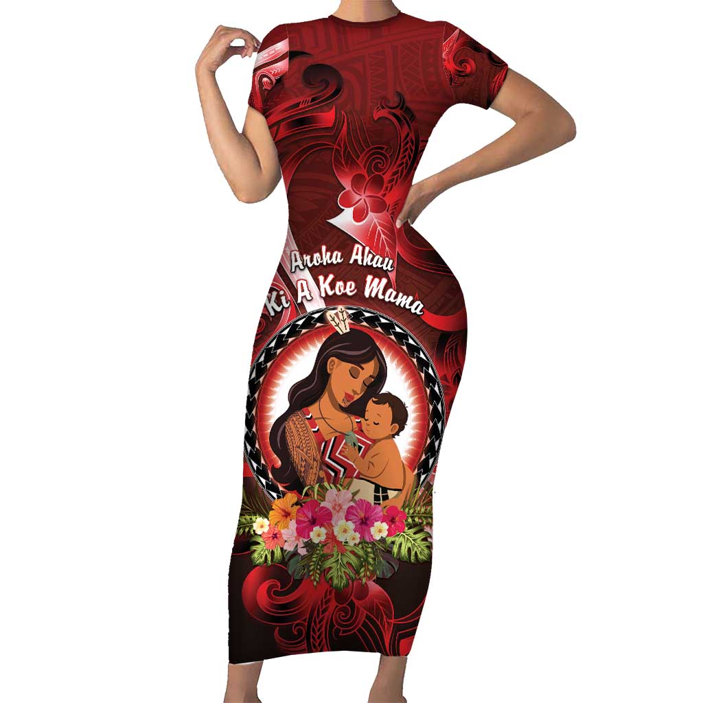 Personalised New Zealand Mother's Day Short Sleeve Bodycon Dress I Love You Mom DT04 Long Dress Red - Polynesian Pride