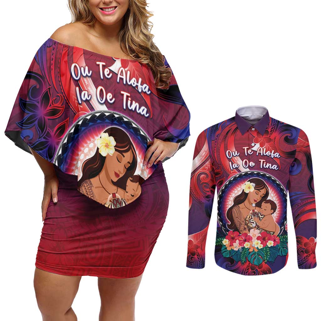 Personalised Samoa Mother's Day Couples Matching Off Shoulder Short Dress and Long Sleeve Button Shirt I Love You Mom