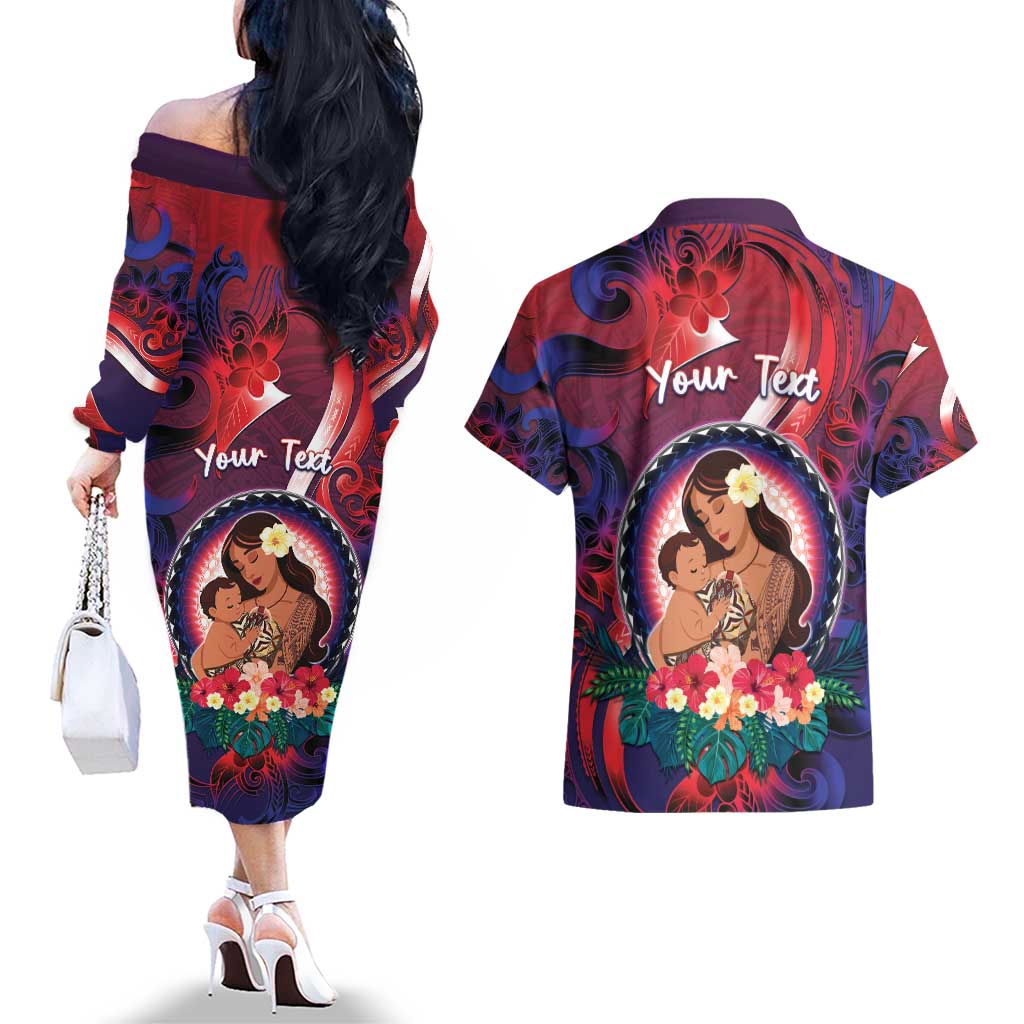 Personalised Samoa Mother's Day Couples Matching Off The Shoulder Long Sleeve Dress and Hawaiian Shirt I Love You Mom