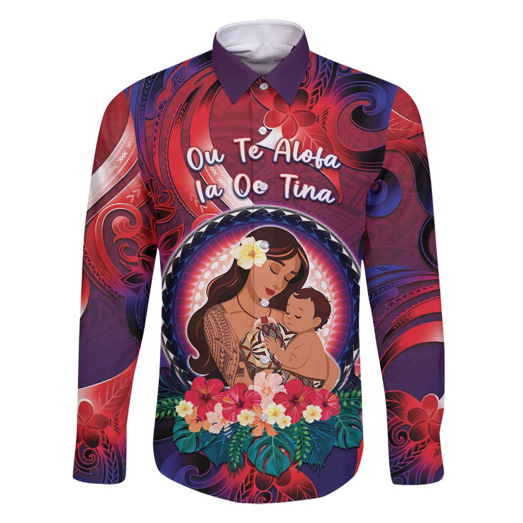 Personalised Samoa Mother's Day Family Matching Long Sleeve Bodycon Dress and Hawaiian Shirt I Love You Mom DT04 Dad's Shirt - Long Sleeve Red - Polynesian Pride