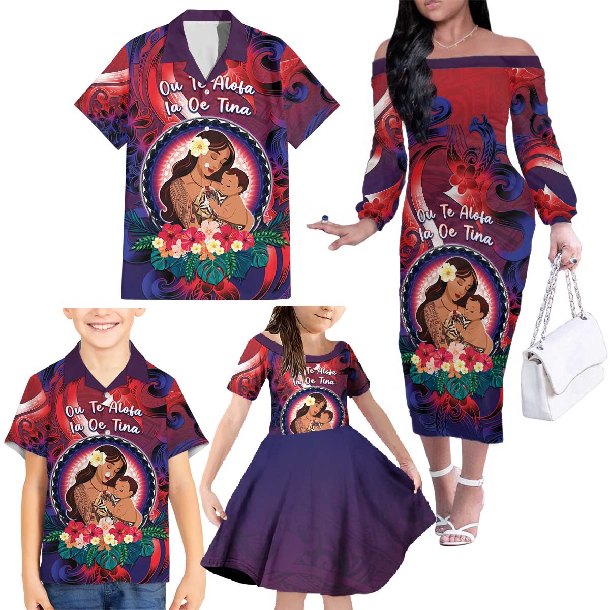 Personalised Samoa Mother's Day Family Matching Off The Shoulder Long Sleeve Dress and Hawaiian Shirt I Love You Mom DT04 - Polynesian Pride