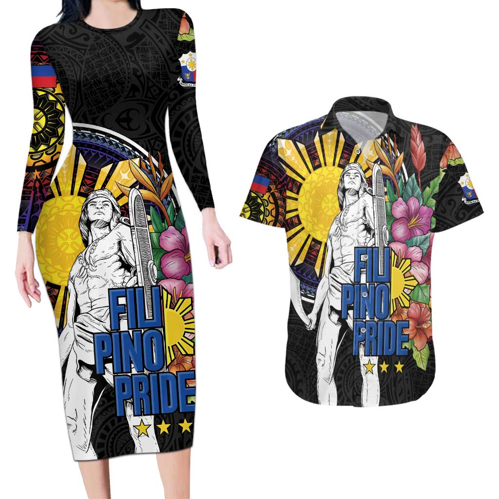 Filipinos Lapu-Lapu Hero Philippines Couples Matching Long Sleeve Bodycon Dress and Hawaiian Shirt Hibiscus Flowers Style DT04 Black - Polynesian Pride