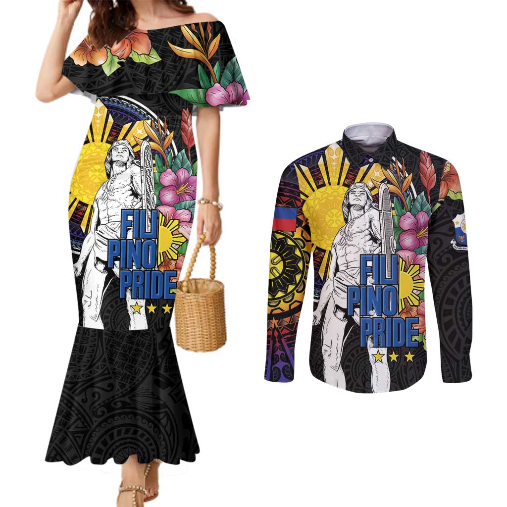 Filipinos Lapu-Lapu Hero Philippines Couples Matching Mermaid Dress and Long Sleeve Button Shirt Hibiscus Flowers Style DT04 Black - Polynesian Pride