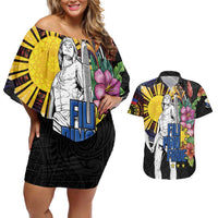 Filipinos Lapu-Lapu Hero Philippines Couples Matching Off Shoulder Short Dress and Hawaiian Shirt Hibiscus Flowers Style DT04 Black - Polynesian Pride