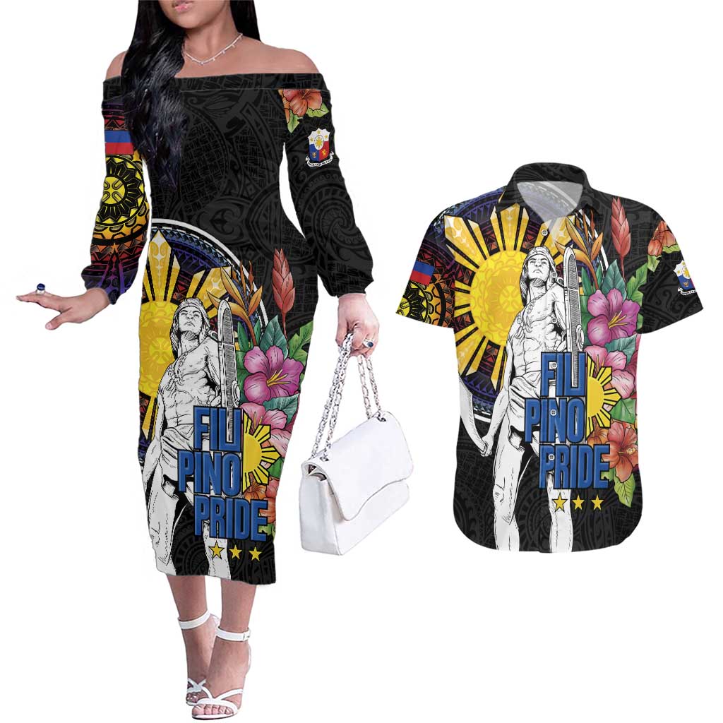Filipinos Lapu-Lapu Hero Philippines Couples Matching Off The Shoulder Long Sleeve Dress and Hawaiian Shirt Hibiscus Flowers Style DT04 Black - Polynesian Pride