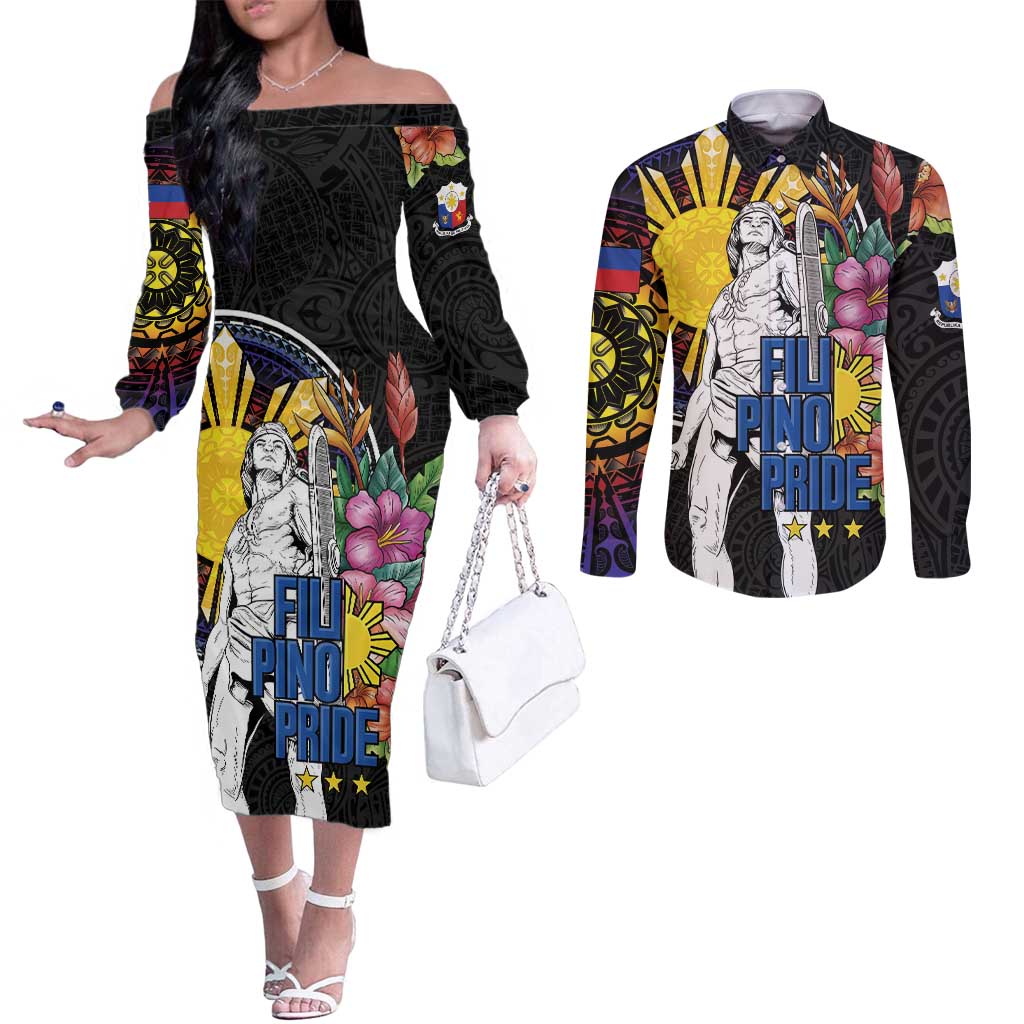 Filipinos Lapu-Lapu Hero Philippines Couples Matching Off The Shoulder Long Sleeve Dress and Long Sleeve Button Shirt Hibiscus Flowers Style DT04 Black - Polynesian Pride