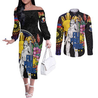 Filipinos Lapu-Lapu Hero Philippines Couples Matching Off The Shoulder Long Sleeve Dress and Long Sleeve Button Shirt Hibiscus Flowers Style DT04 Black - Polynesian Pride