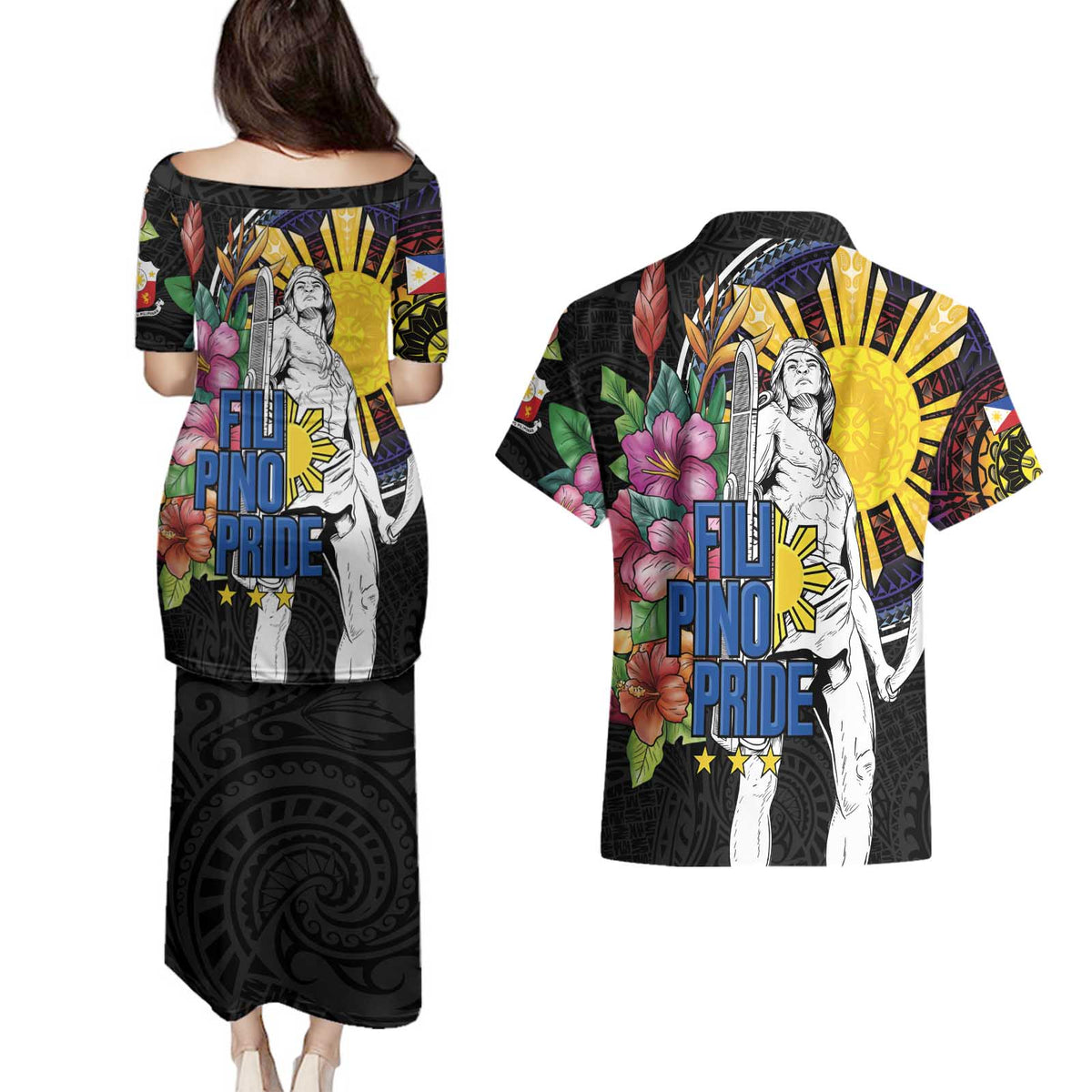 Filipinos Lapu-Lapu Hero Philippines Couples Matching Puletasi and Hawaiian Shirt Hibiscus Flowers Style