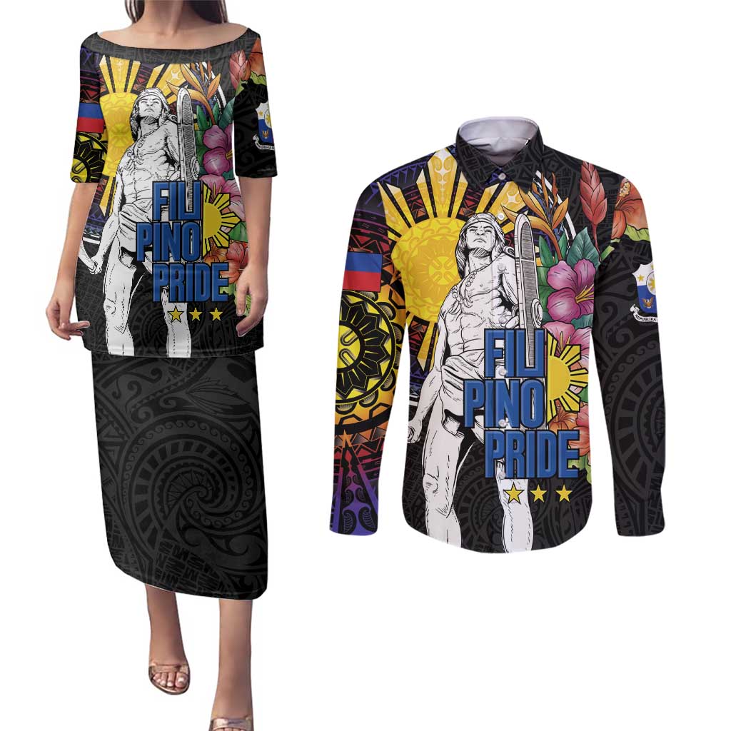 Filipinos Lapu-Lapu Hero Philippines Couples Matching Puletasi and Long Sleeve Button Shirt Hibiscus Flowers Style DT04 Black - Polynesian Pride