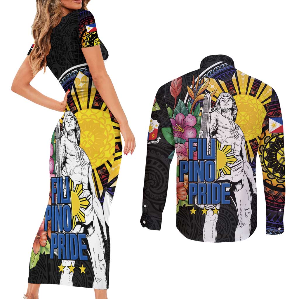 Filipinos Lapu-Lapu Hero Philippines Couples Matching Short Sleeve Bodycon Dress and Long Sleeve Button Shirt Hibiscus Flowers Style DT04 - Polynesian Pride