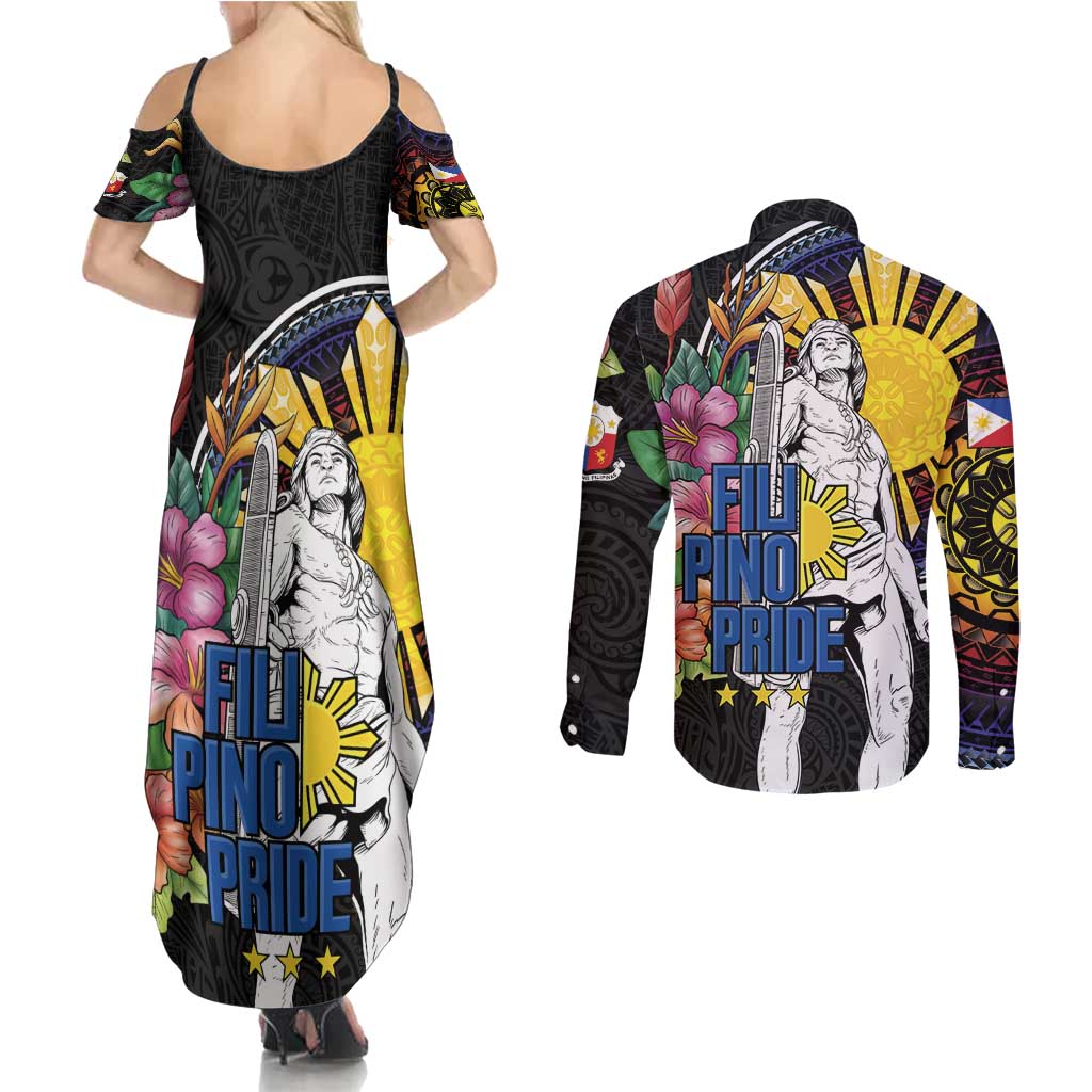 Filipinos Lapu-Lapu Hero Philippines Couples Matching Summer Maxi Dress and Long Sleeve Button Shirt Hibiscus Flowers Style