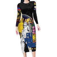Filipinos Lapu-Lapu Hero Philippines Family Matching Long Sleeve Bodycon Dress and Hawaiian Shirt Hibiscus Flowers Style DT04 Mom's Dress Black - Polynesian Pride