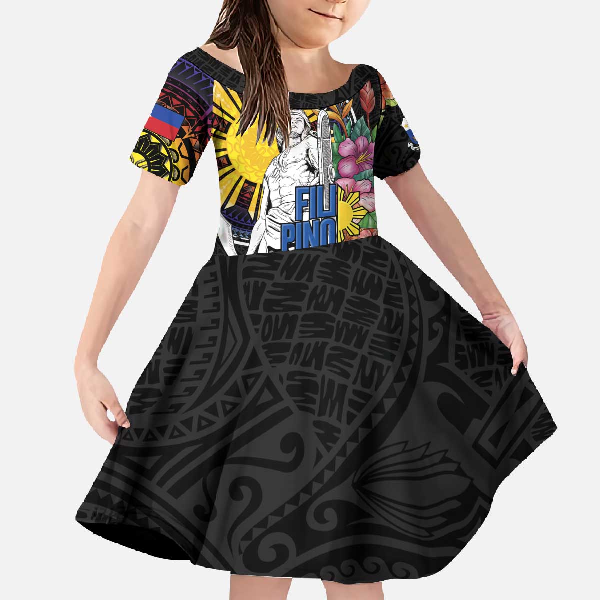 Filipinos Lapu-Lapu Hero Philippines Family Matching Off The Shoulder Long Sleeve Dress and Hawaiian Shirt Hibiscus Flowers Style DT04 Daughter's Dress Black - Polynesian Pride
