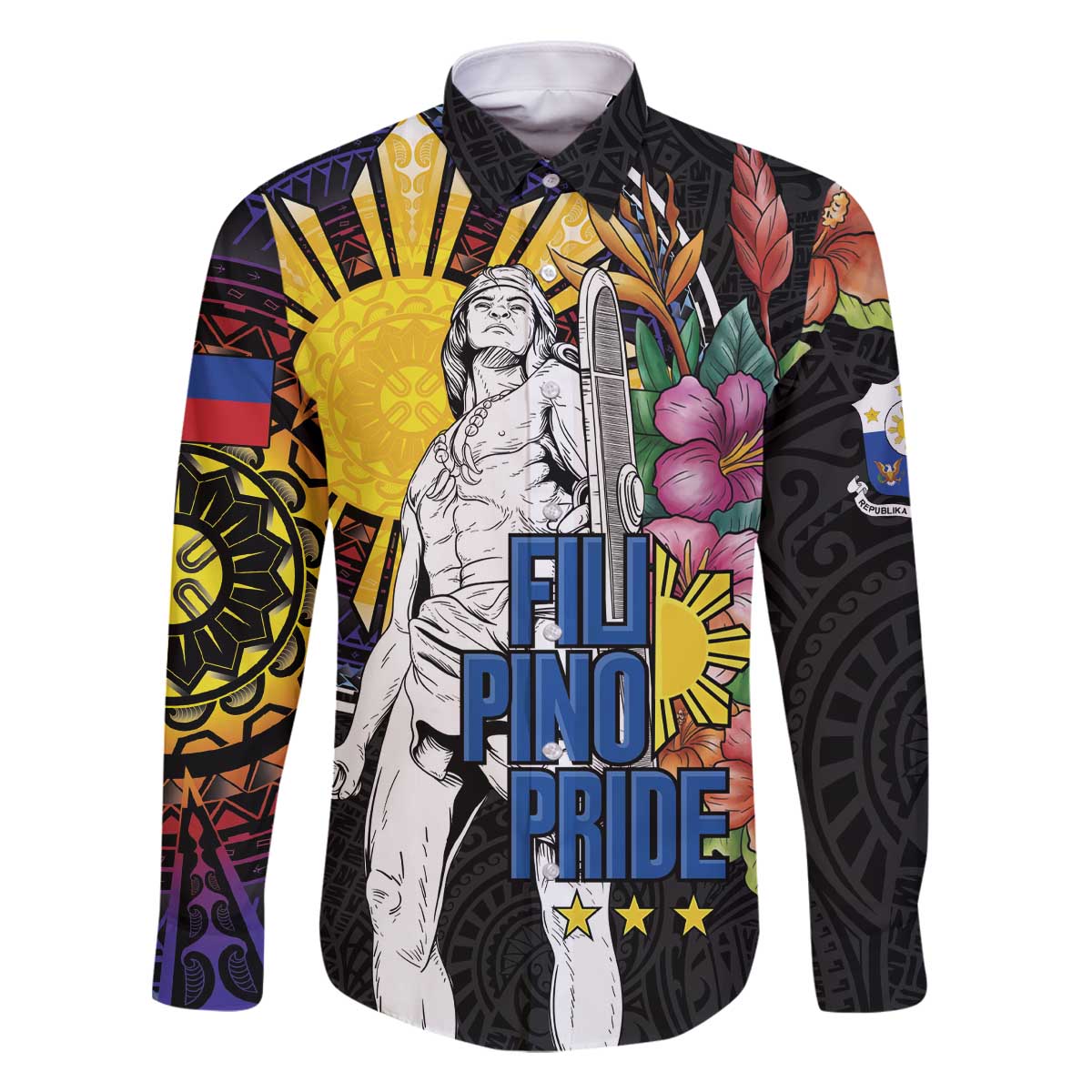 Filipinos Lapu-Lapu Hero Philippines Family Matching Off The Shoulder Long Sleeve Dress and Hawaiian Shirt Hibiscus Flowers Style DT04 Dad's Shirt - Long Sleeve Black - Polynesian Pride