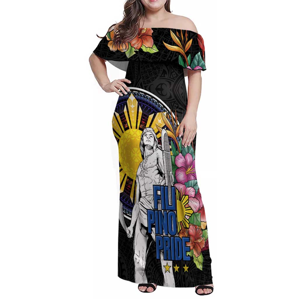 Filipinos Lapu-Lapu Hero Philippines Family Matching Off Shoulder Maxi Dress and Hawaiian Shirt Hibiscus Flowers Style DT04 Mom's Dress Black - Polynesian Pride