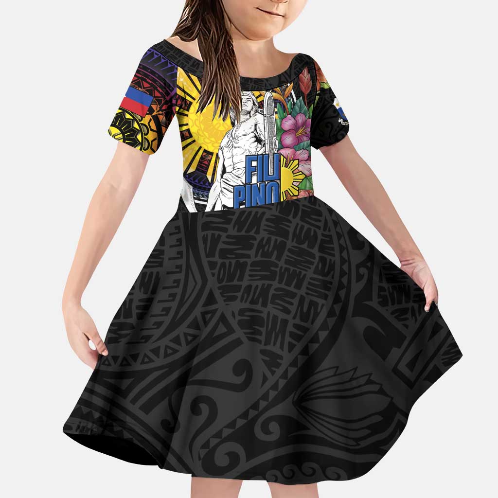 Filipinos Lapu-Lapu Hero Philippines Family Matching Puletasi and Hawaiian Shirt Hibiscus Flowers Style DT04 Daughter's Dress Black - Polynesian Pride