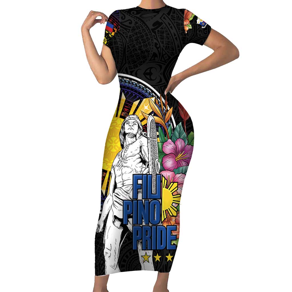 Filipinos Lapu-Lapu Hero Philippines Family Matching Short Sleeve Bodycon Dress and Hawaiian Shirt Hibiscus Flowers Style DT04 Mom's Dress Black - Polynesian Pride