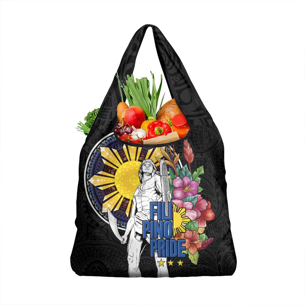 Filipinos Lapu-Lapu Hero Philippines Grocery Bag Hibiscus Flowers Style DT04 1-pack One Size Black - Polynesian Pride