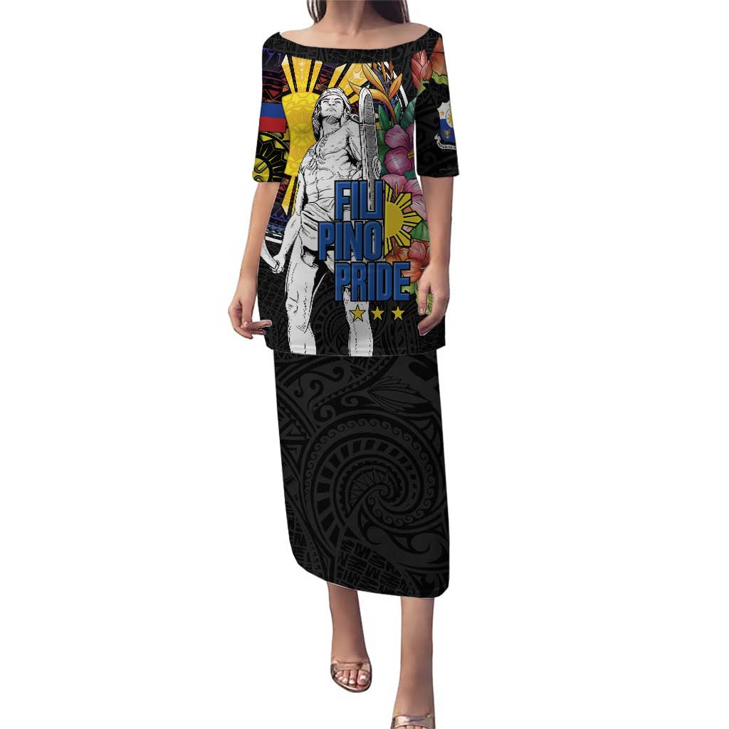 Filipinos Lapu-Lapu Hero Philippines Puletasi Hibiscus Flowers Style DT04 Long Dress Black - Polynesian Pride