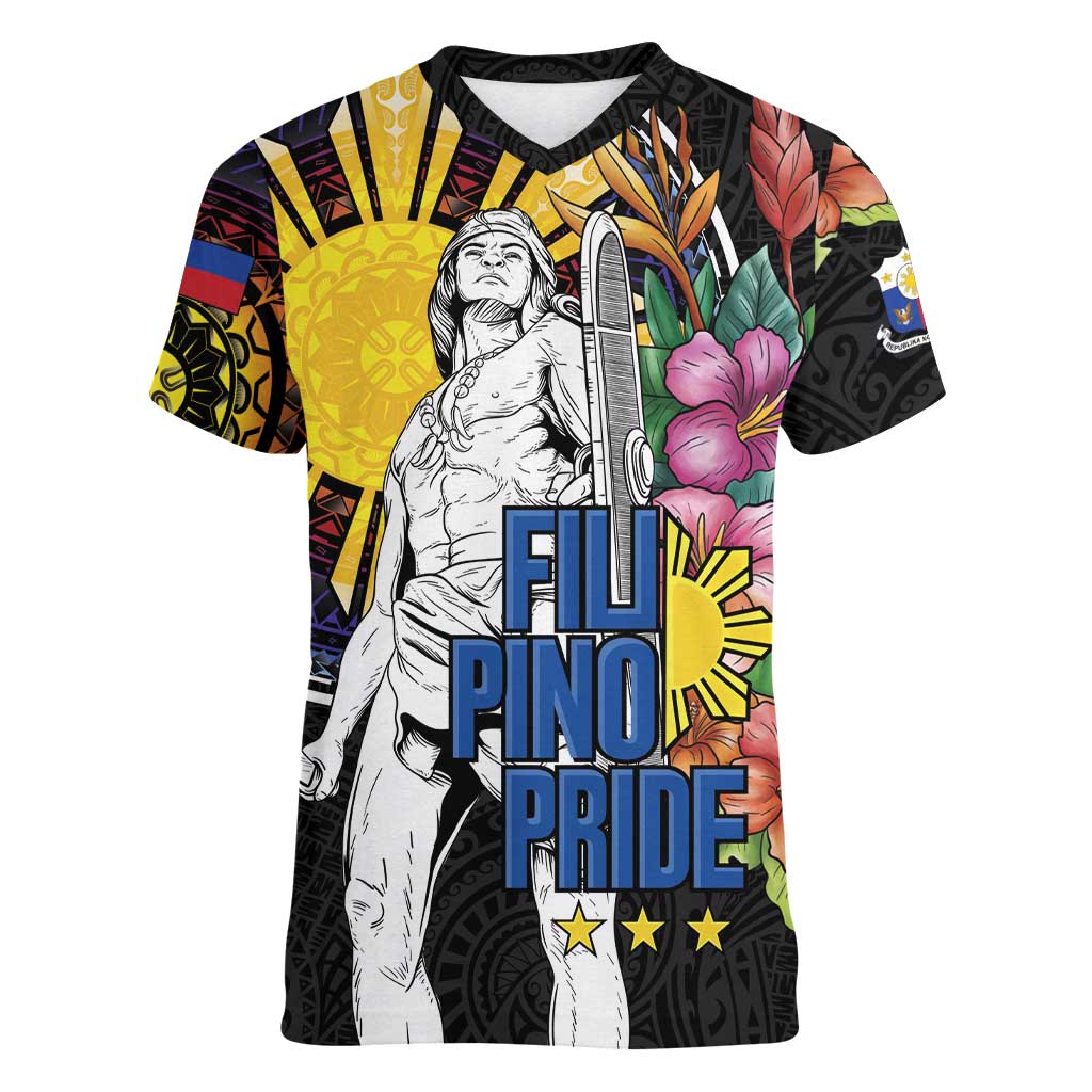 Filipinos Lapu-Lapu Hero Philippines Women V-Neck T-Shirt Hibiscus Flowers Style