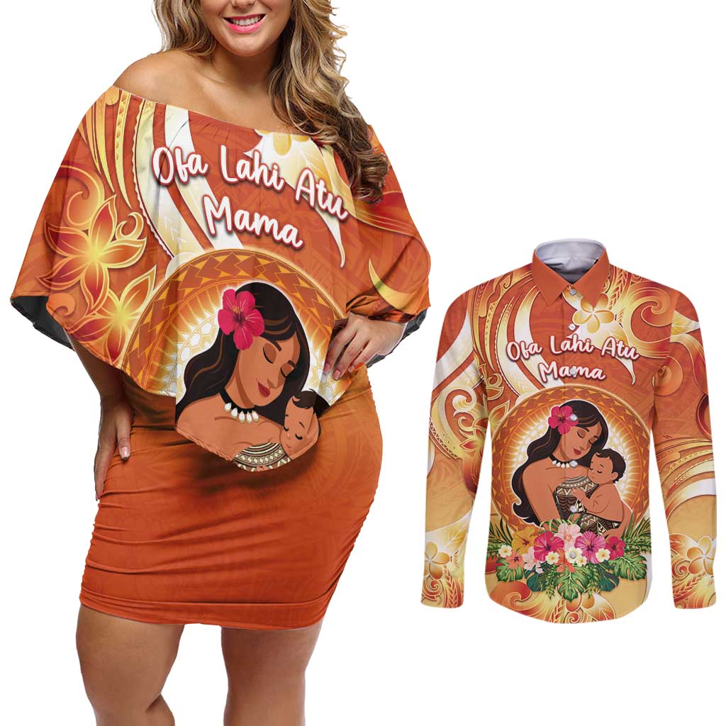 Personalised Tonga Mother's Day Couples Matching Off Shoulder Short Dress and Long Sleeve Button Shirt I Love You Mom