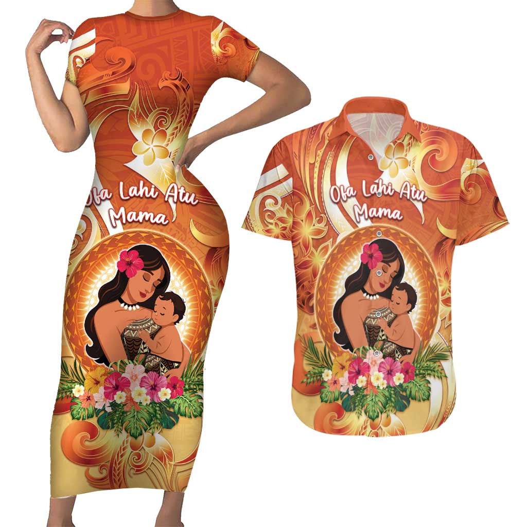 Personalised Tonga Mother's Day Couples Matching Short Sleeve Bodycon Dress and Hawaiian Shirt I Love You Mom