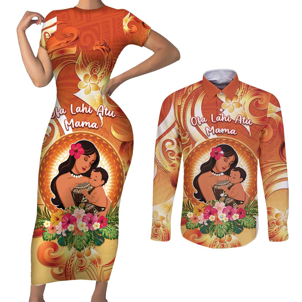 Personalised Tonga Mother's Day Couples Matching Short Sleeve Bodycon Dress and Long Sleeve Button Shirt I Love You Mom