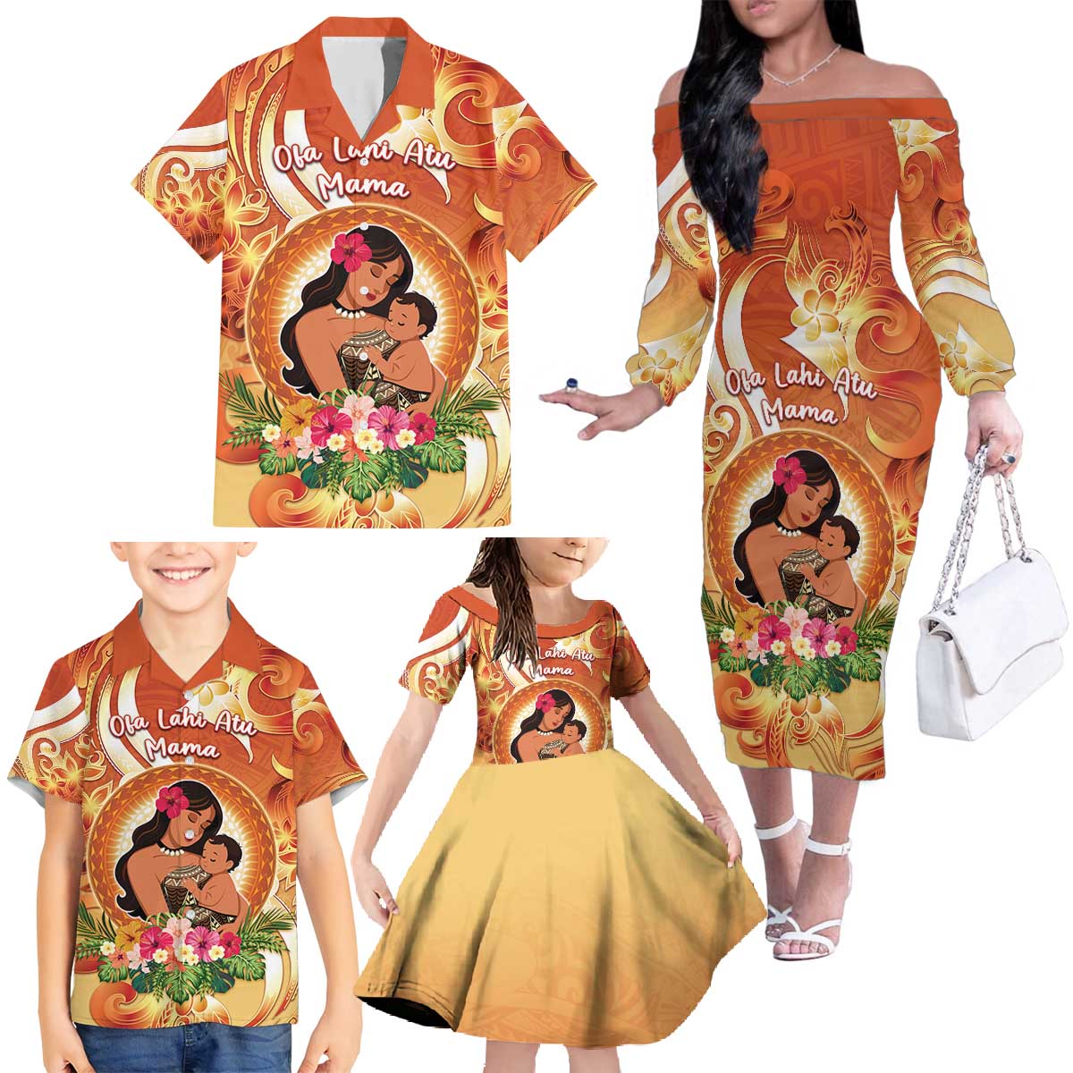 Personalised Tonga Mother's Day Family Matching Off The Shoulder Long Sleeve Dress and Hawaiian Shirt I Love You Mom