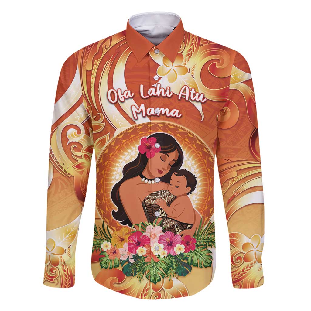 Personalised Tonga Mother's Day Family Matching Off Shoulder Maxi Dress and Hawaiian Shirt I Love You Mom DT04 Dad's Shirt - Long Sleeve Orange - Polynesian Pride