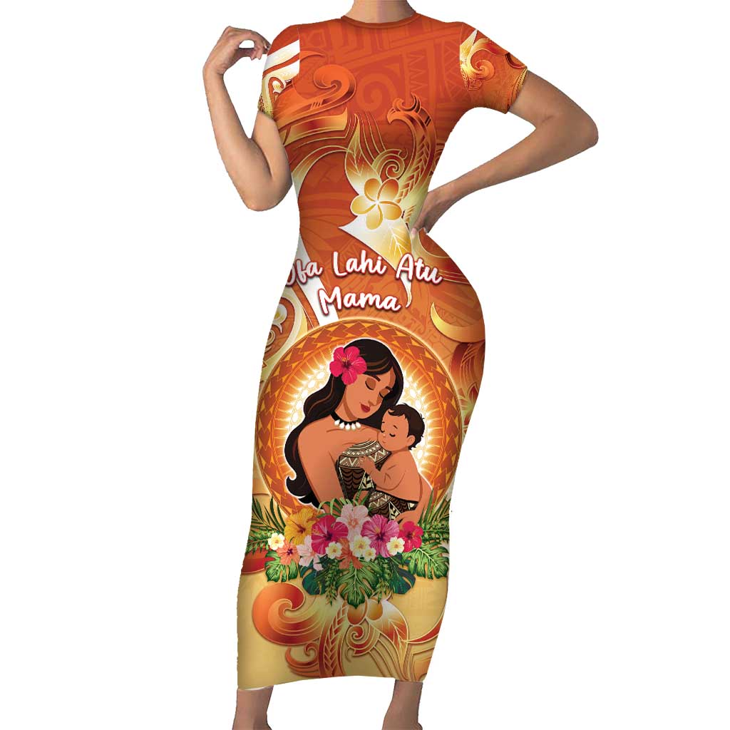 Personalised Tonga Mother's Day Family Matching Short Sleeve Bodycon Dress and Hawaiian Shirt I Love You Mom DT04 Mom's Dress Orange - Polynesian Pride