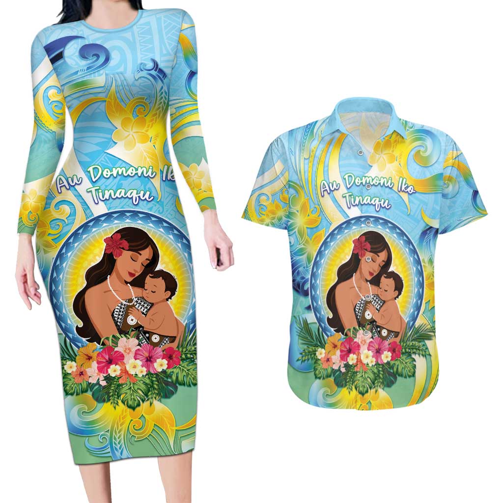 Personalised Fiji Mother's Day Couples Matching Long Sleeve Bodycon Dress and Hawaiian Shirt I Love You Mom DT04 Blue - Polynesian Pride