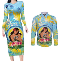 Personalised Fiji Mother's Day Couples Matching Long Sleeve Bodycon Dress and Long Sleeve Button Shirt I Love You Mom DT04 Blue - Polynesian Pride