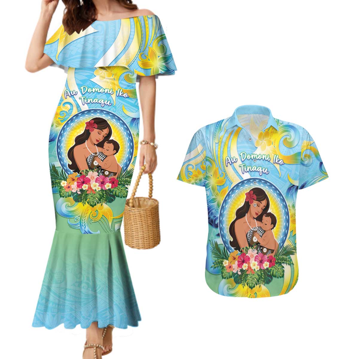 Personalised Fiji Mother's Day Couples Matching Mermaid Dress and Hawaiian Shirt I Love You Mom DT04 Blue - Polynesian Pride
