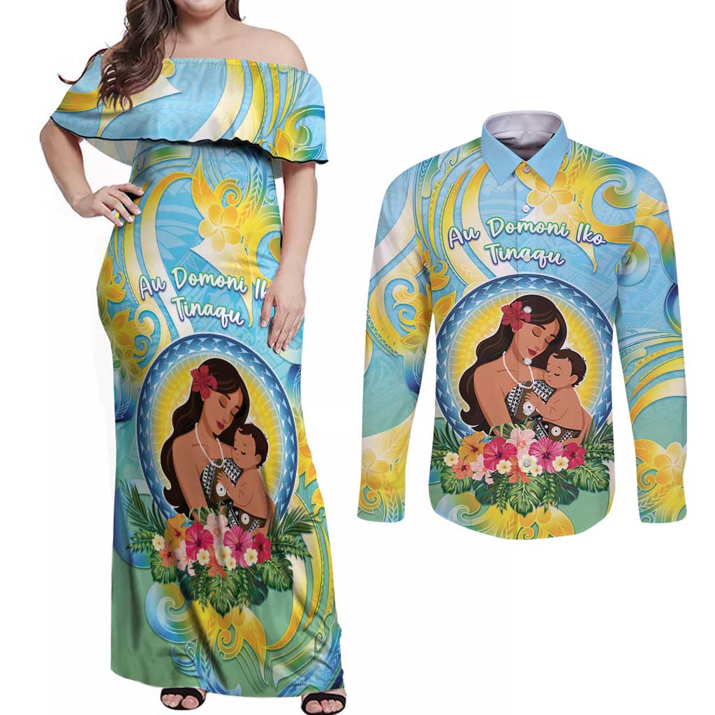 Personalised Fiji Mother's Day Couples Matching Off Shoulder Maxi Dress and Long Sleeve Button Shirt I Love You Mom DT04 Blue - Polynesian Pride