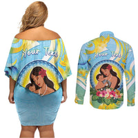 Personalised Fiji Mother's Day Couples Matching Off Shoulder Short Dress and Long Sleeve Button Shirt I Love You Mom DT04 - Polynesian Pride