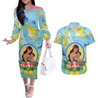 Personalised Fiji Mother's Day Couples Matching Off The Shoulder Long Sleeve Dress and Hawaiian Shirt I Love You Mom DT04 Blue - Polynesian Pride