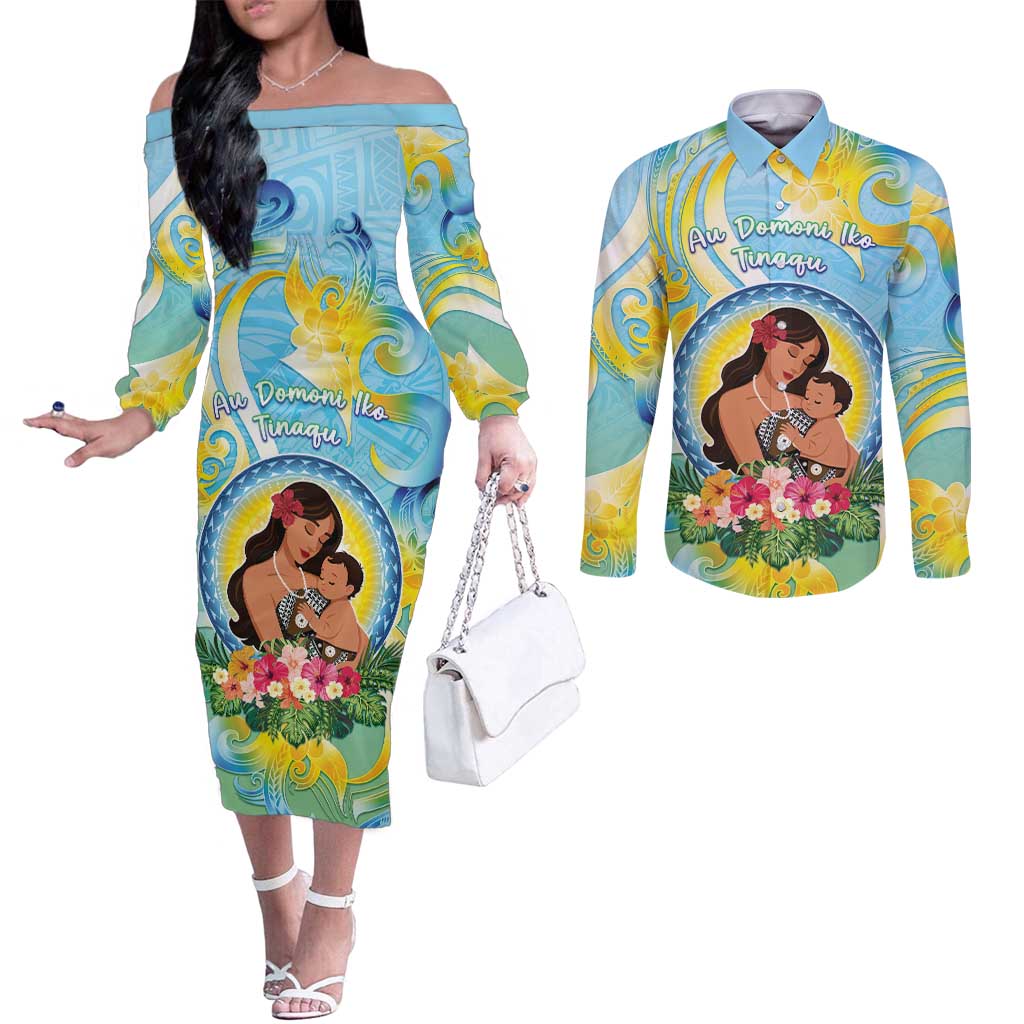 Personalised Fiji Mother's Day Couples Matching Off The Shoulder Long Sleeve Dress and Long Sleeve Button Shirt I Love You Mom DT04 Blue - Polynesian Pride