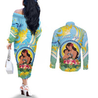 Personalised Fiji Mother's Day Couples Matching Off The Shoulder Long Sleeve Dress and Long Sleeve Button Shirt I Love You Mom DT04 - Polynesian Pride