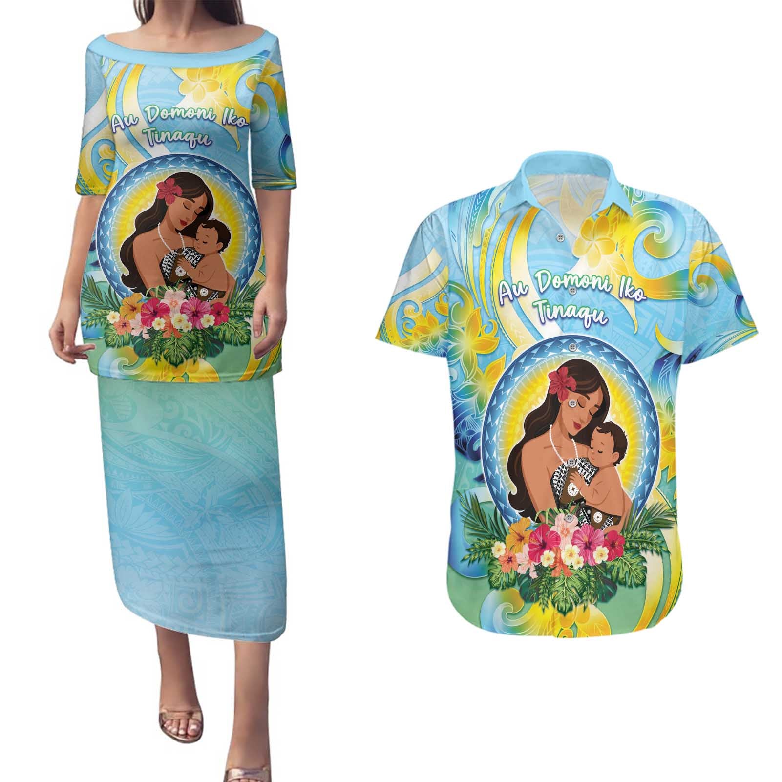 Personalised Fiji Mother's Day Couples Matching Puletasi and Hawaiian Shirt I Love You Mom