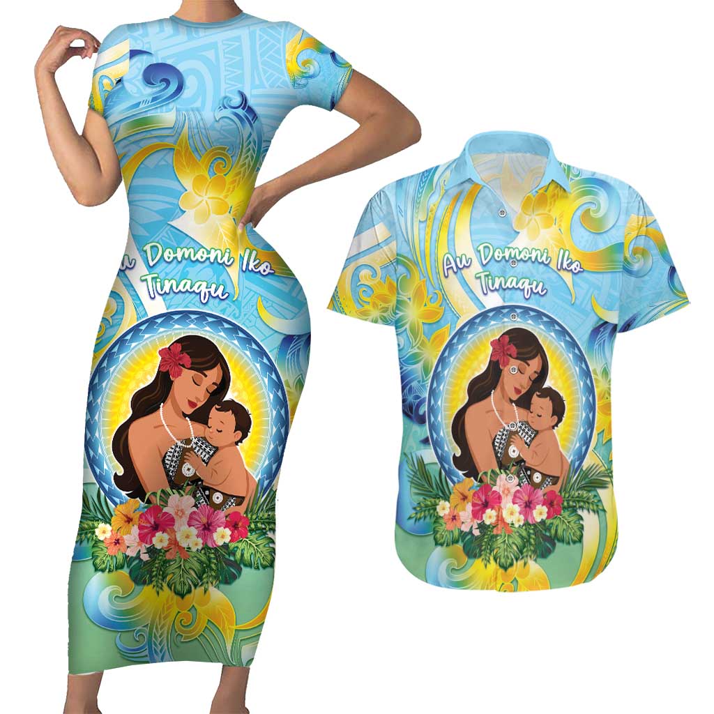 Personalised Fiji Mother's Day Couples Matching Short Sleeve Bodycon Dress and Hawaiian Shirt I Love You Mom DT04 Blue - Polynesian Pride