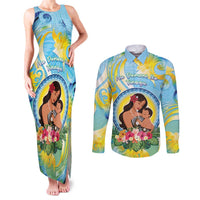 Personalised Fiji Mother's Day Couples Matching Tank Maxi Dress and Long Sleeve Button Shirt I Love You Mom DT04 Blue - Polynesian Pride
