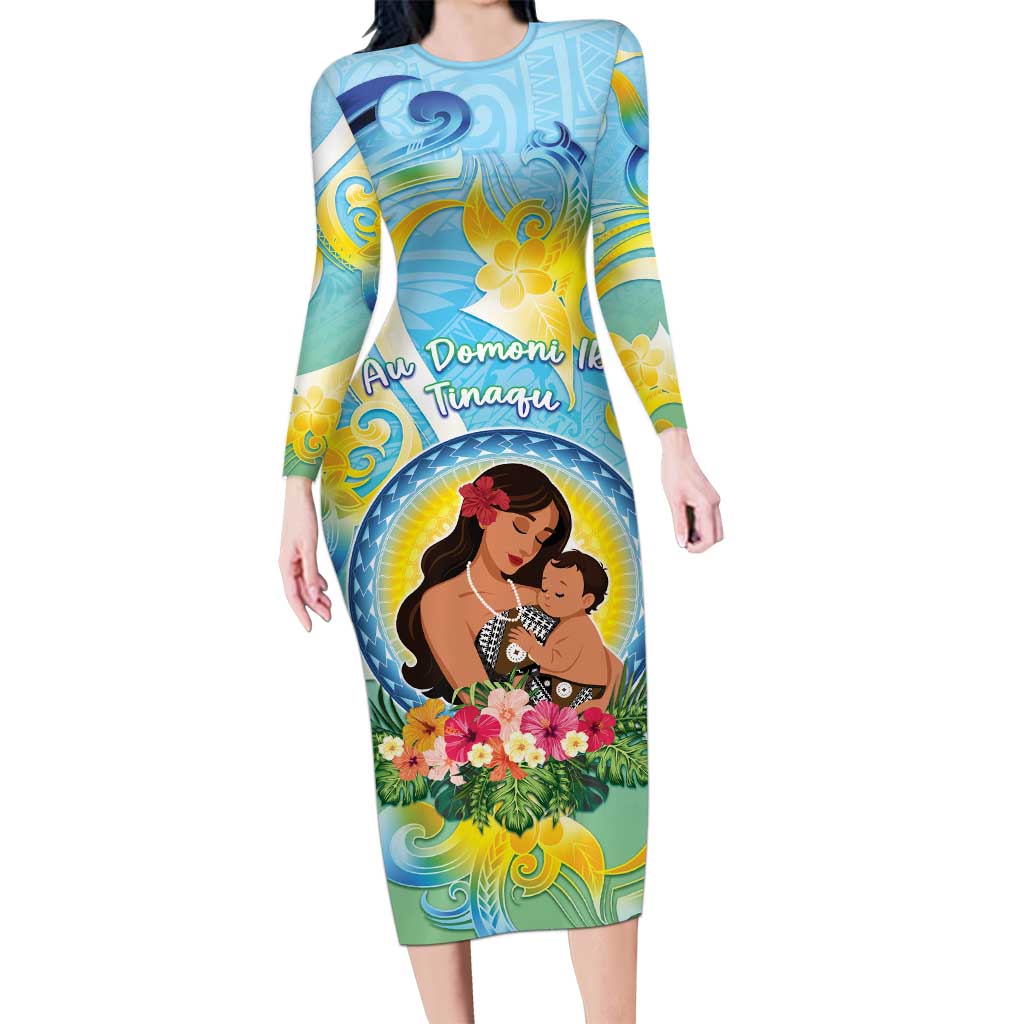 Personalised Fiji Mother's Day Family Matching Long Sleeve Bodycon Dress and Hawaiian Shirt I Love You Mom DT04 Mom's Dress Blue - Polynesian Pride