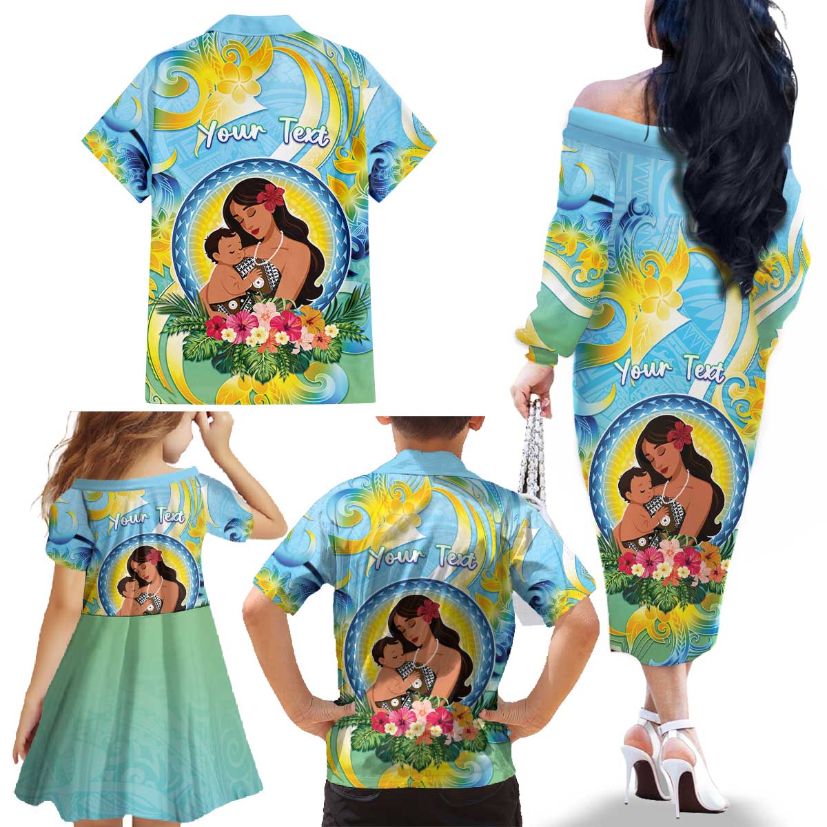 Personalised Fiji Mother's Day Family Matching Off The Shoulder Long Sleeve Dress and Hawaiian Shirt I Love You Mom DT04 - Polynesian Pride
