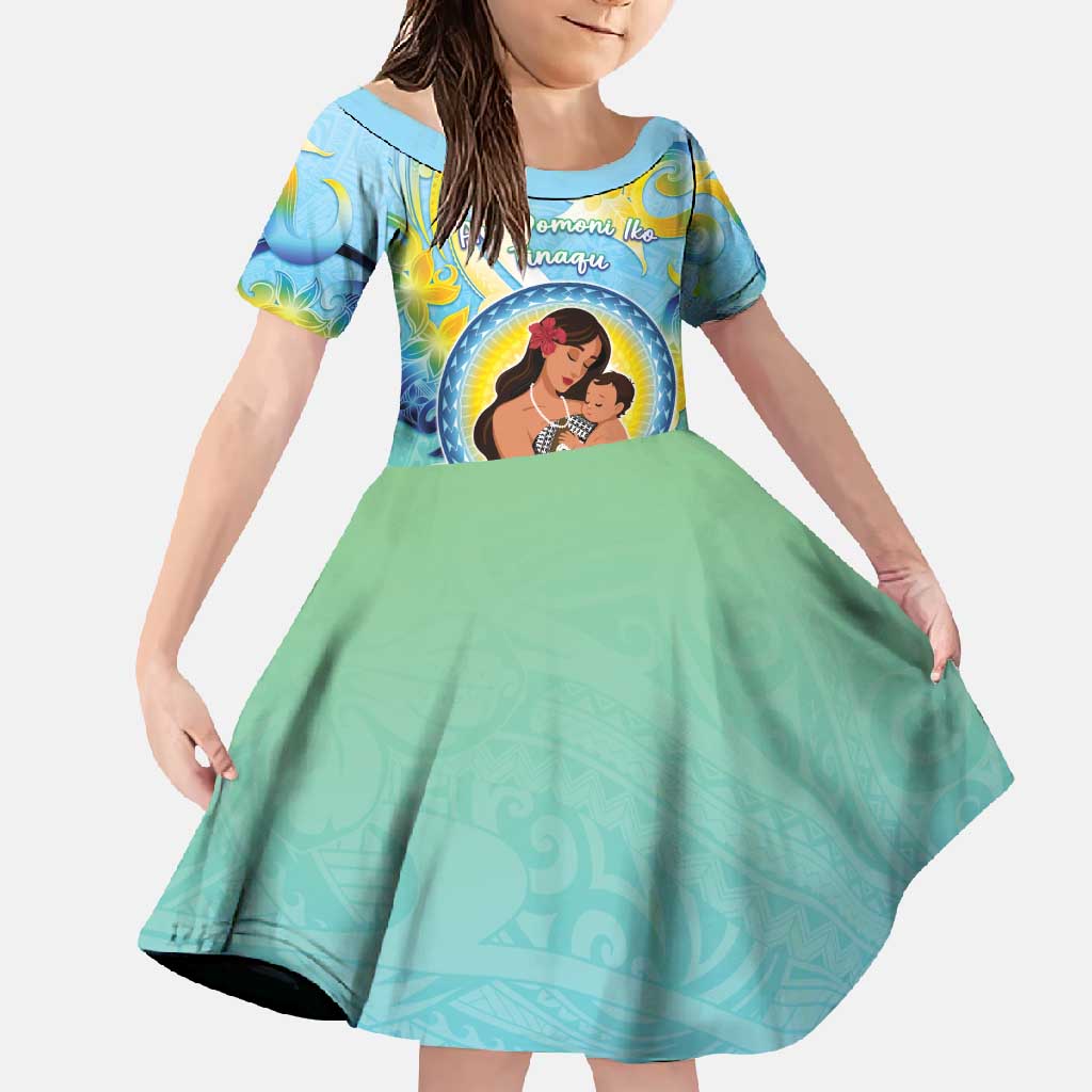 Personalised Fiji Mother's Day Family Matching Off Shoulder Maxi Dress and Hawaiian Shirt I Love You Mom DT04 Daughter's Dress Blue - Polynesian Pride
