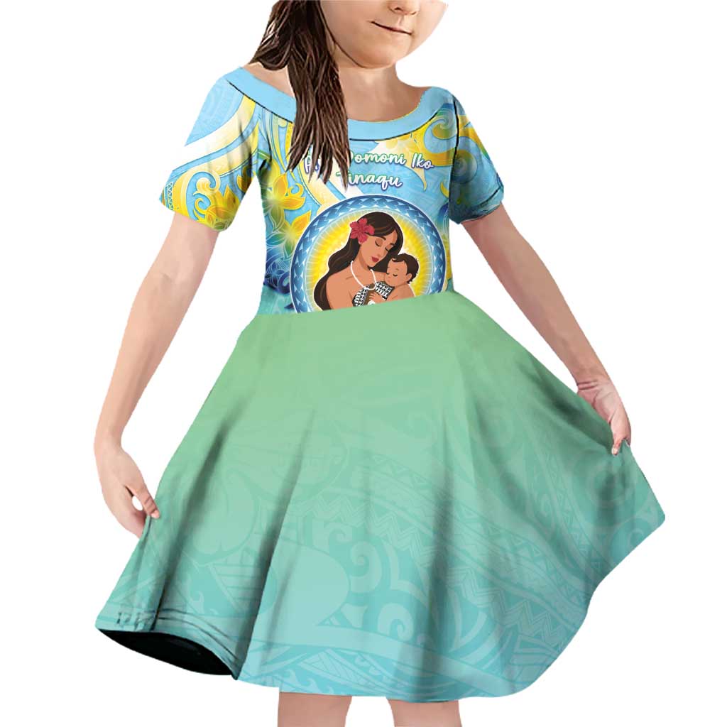 Personalised Fiji Mother's Day Family Matching Off Shoulder Short Dress and Hawaiian Shirt I Love You Mom DT04 Daughter's Dress Blue - Polynesian Pride