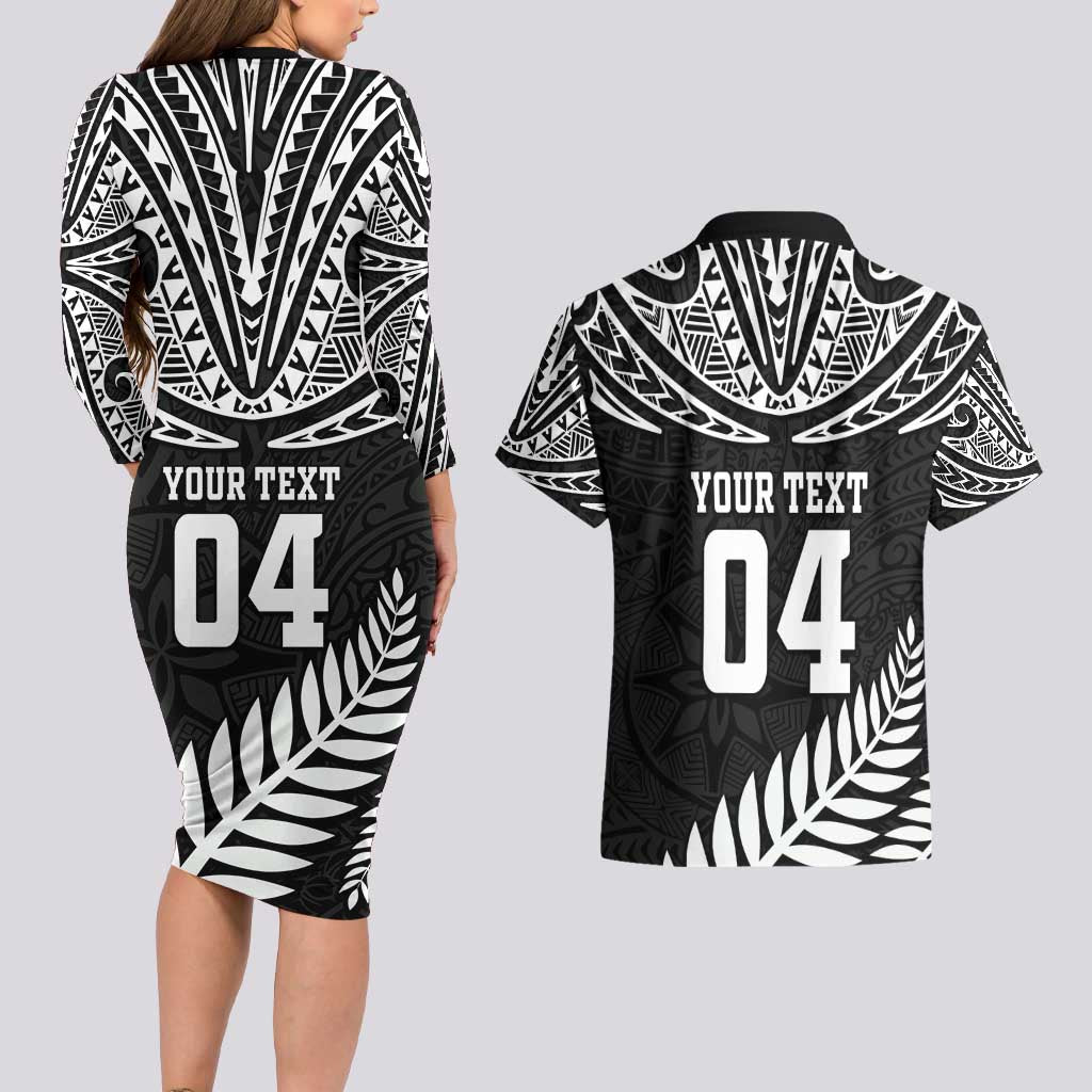 Custom New Zealand Rugby Couples Matching Long Sleeve Bodycon Dress and Hawaiian Shirt Silver Fern Maori Pattern DT04 - Polynesian Pride